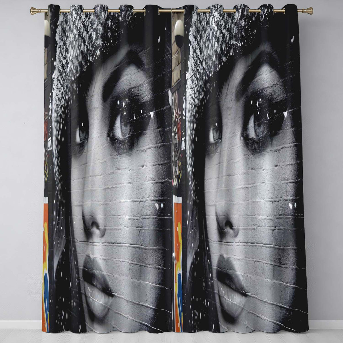Black and White Female Face Urban Mural Portrait Contemporary Artistic Home Decor Readymade Eyelet Ring Top Thermal 100% Blackout Curtains