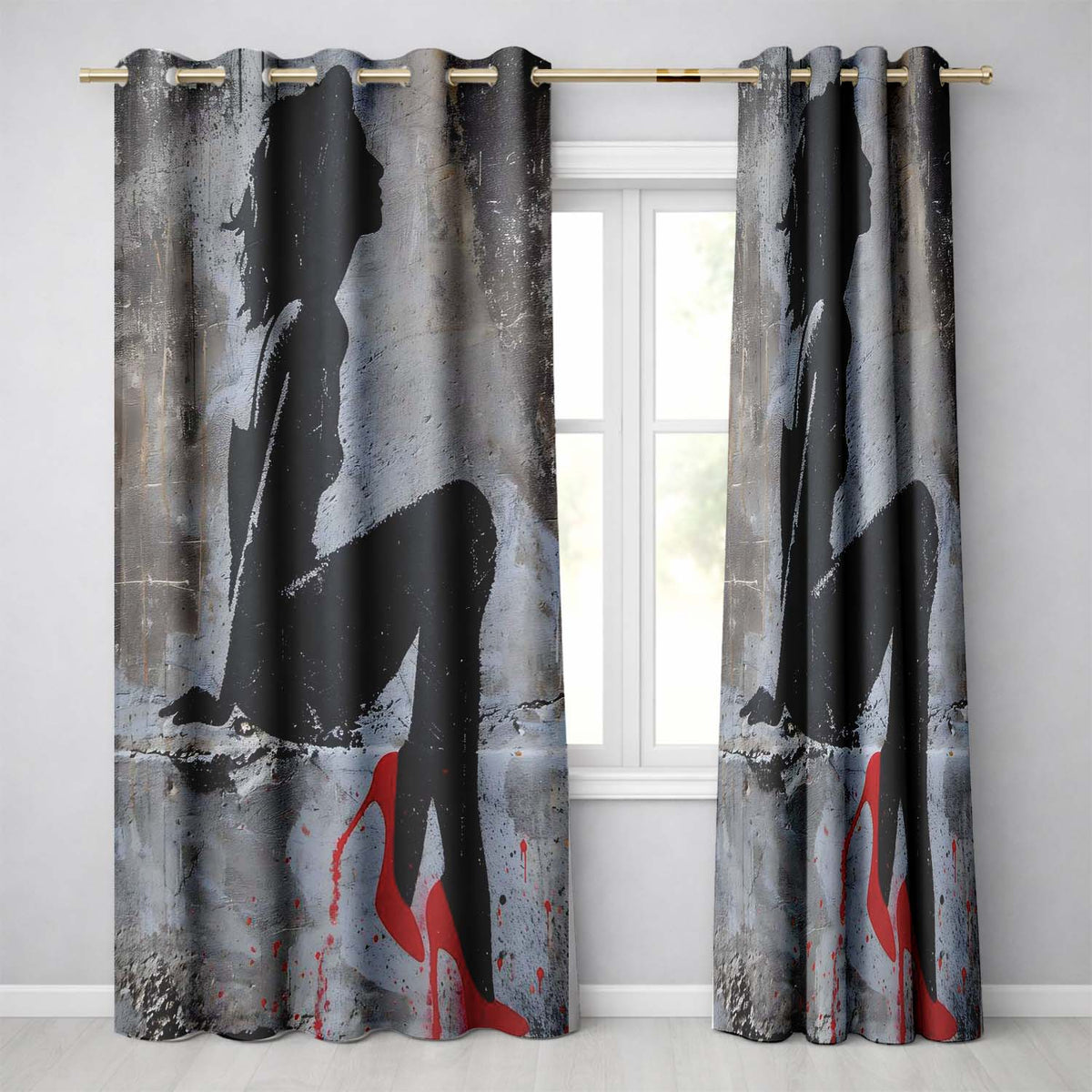 Black Silhouette Woman Red High Heels Urban Graffiti Creative Artistic Home Decor Readymade Eyelet Ring Top Thermal 100% Blackout Curtains