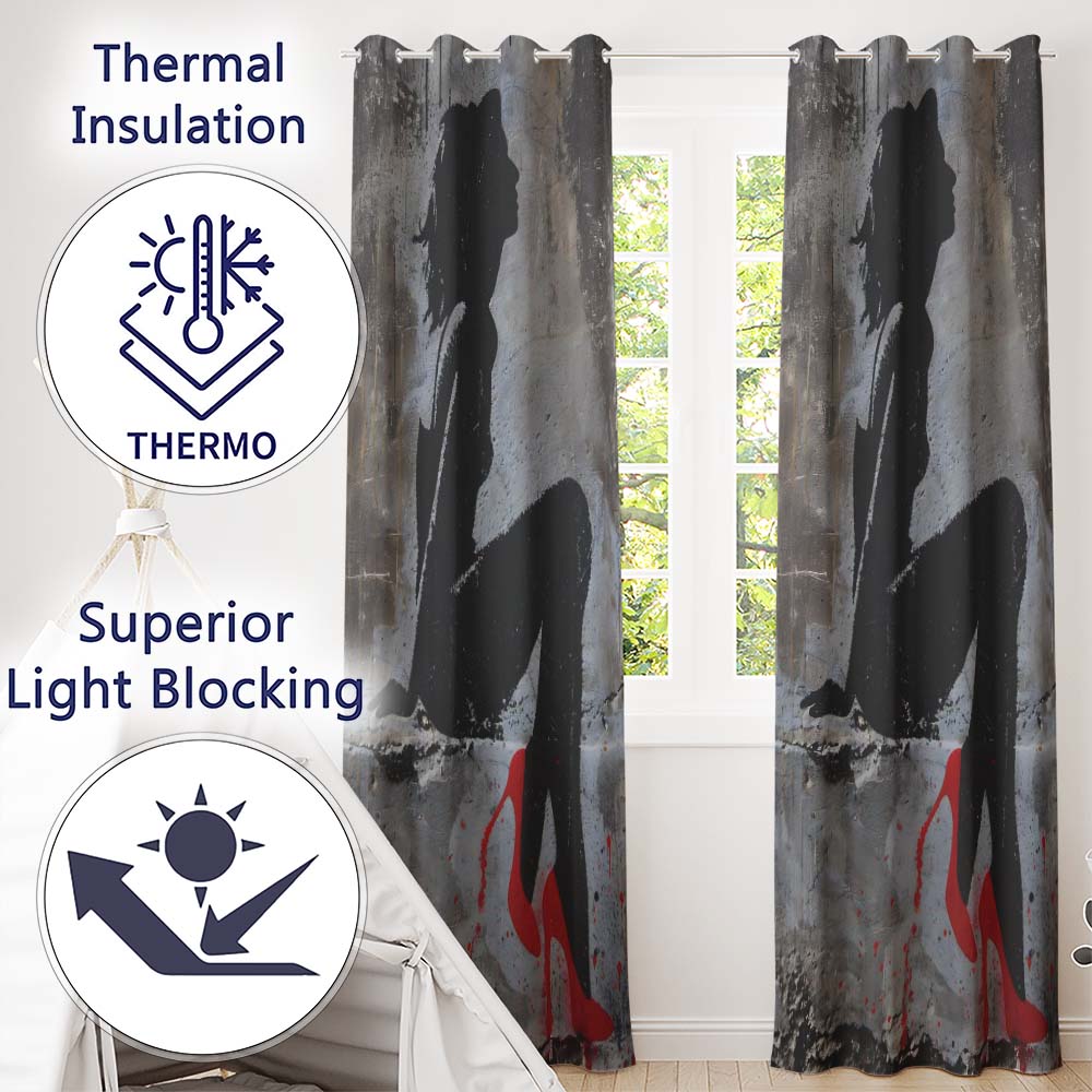 Black Silhouette Woman Red High Heels Urban Graffiti Creative Artistic Home Decor Readymade Eyelet Ring Top Thermal 100% Blackout Curtains