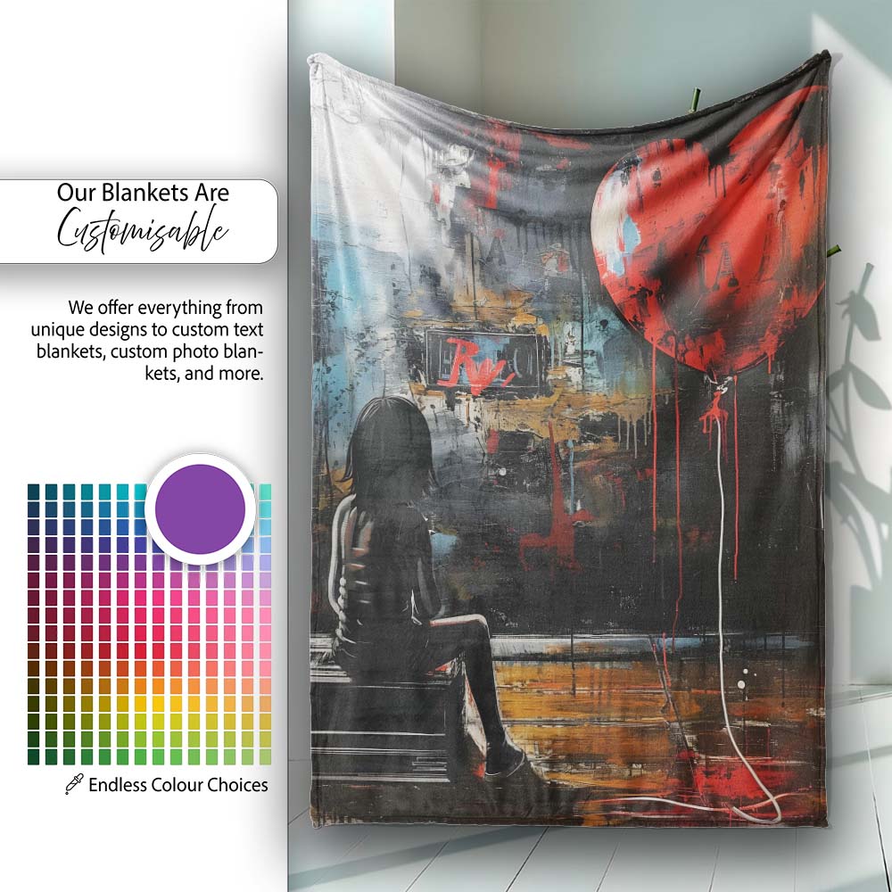 Girl Sitting with Red Heart Balloon Dark Urban Art, All Season Comfort, Stylish Room Decoration - Super Soft Fleece Blanket Bed Sofa Throw