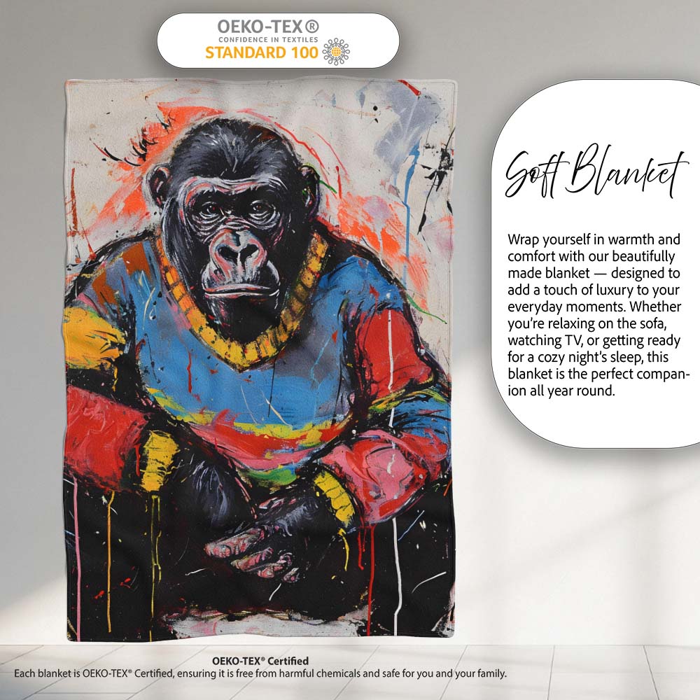 Colourful Gorilla Portrait Bold Abstract Graffiti, All Season Comfort, Comfortable Everyday Use - Super Soft Fleece Blanket Bed Sofa Throw