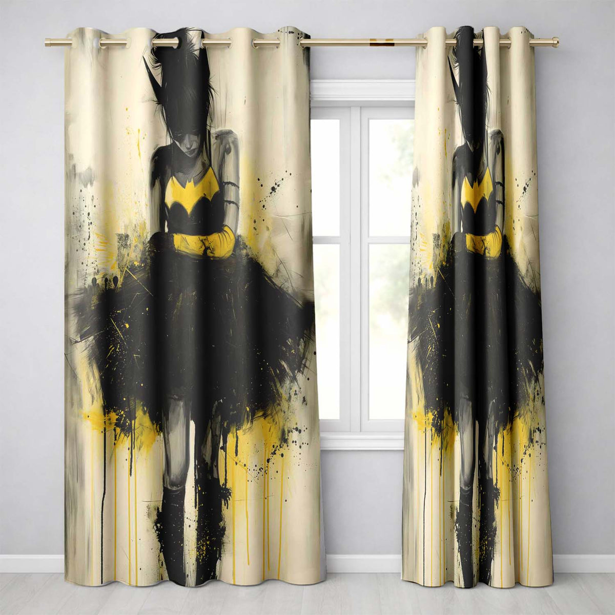 Yellow Black Masked Woman Gothic Urban Illustration Vibrant Design for Home Decor Readymade Eyelet Ring Top Thermal 100% Blackout Curtains