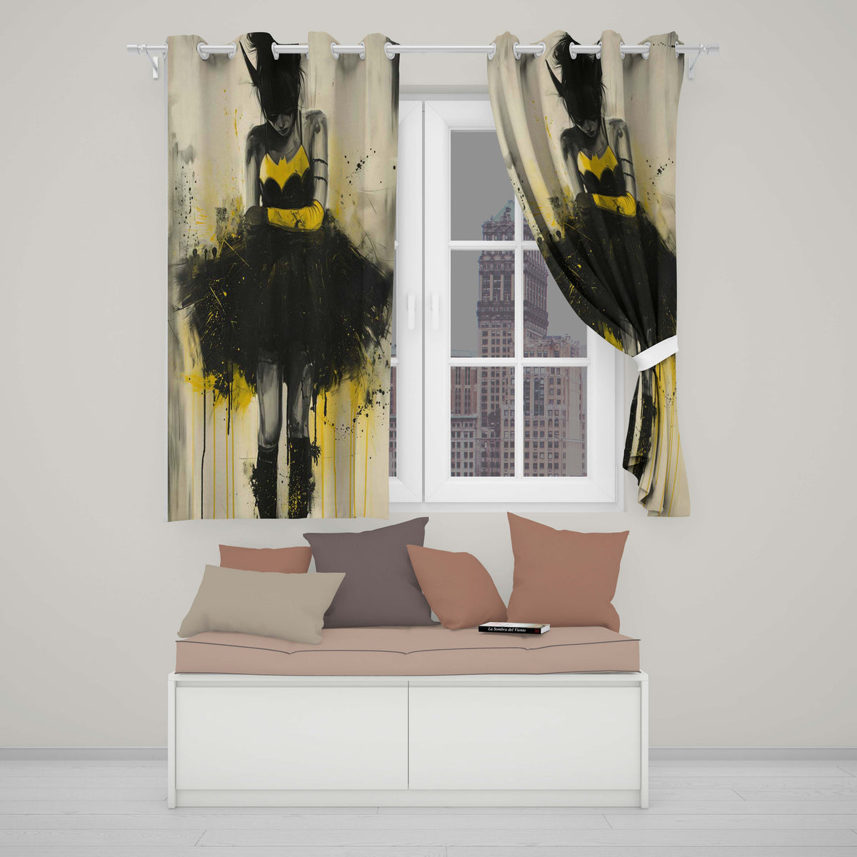Yellow Black Masked Woman Gothic Urban Illustration Vibrant Design for Home Decor Readymade Eyelet Ring Top Thermal 100% Blackout Curtains