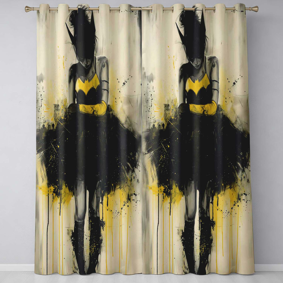 Yellow Black Masked Woman Gothic Urban Illustration Vibrant Design for Home Decor Readymade Eyelet Ring Top Thermal 100% Blackout Curtains