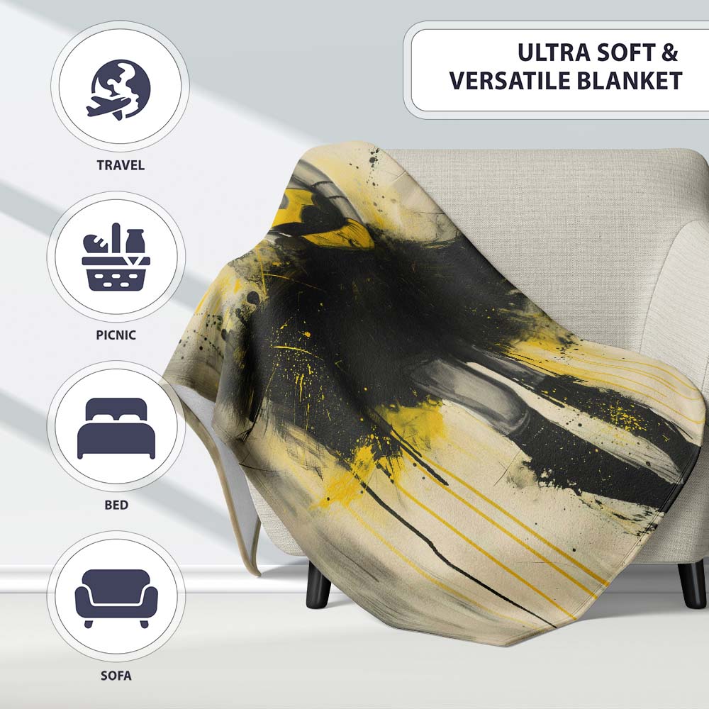 Yellow Black Masked Woman Gothic Urban Illustration, All Season Comfort, Modern Interior Accent - Super Soft Fleece Blanket Bed Sofa Throw
