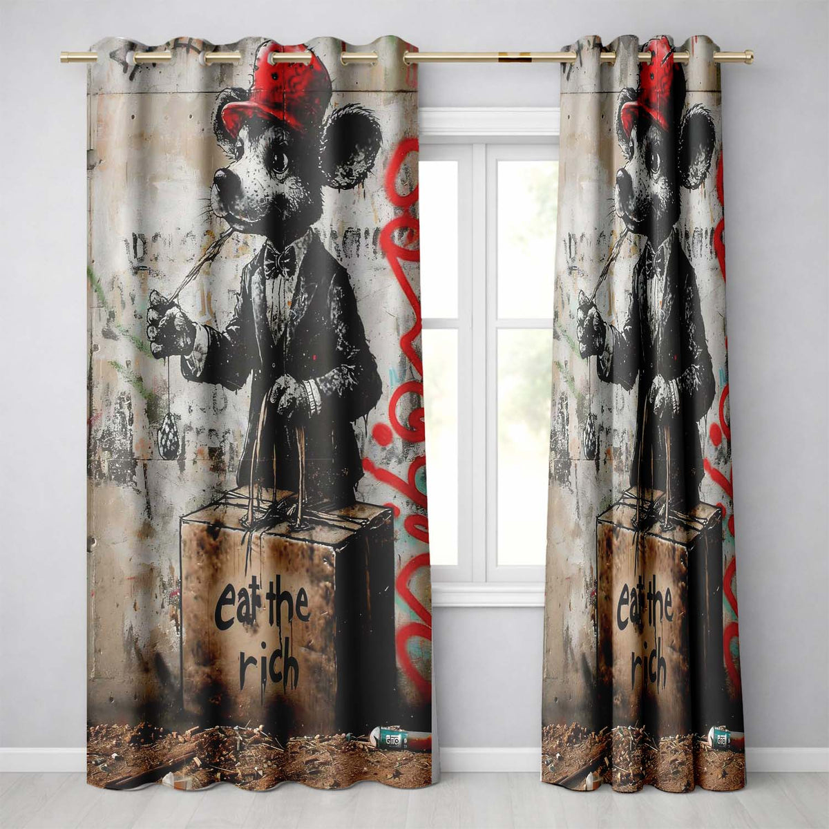 Dapper Cartoon Mouse Red Cap Satirical Street Art Distinctive Wall Art Home Decor Readymade Eyelet Ring Top Thermal 100% Blackout Curtains