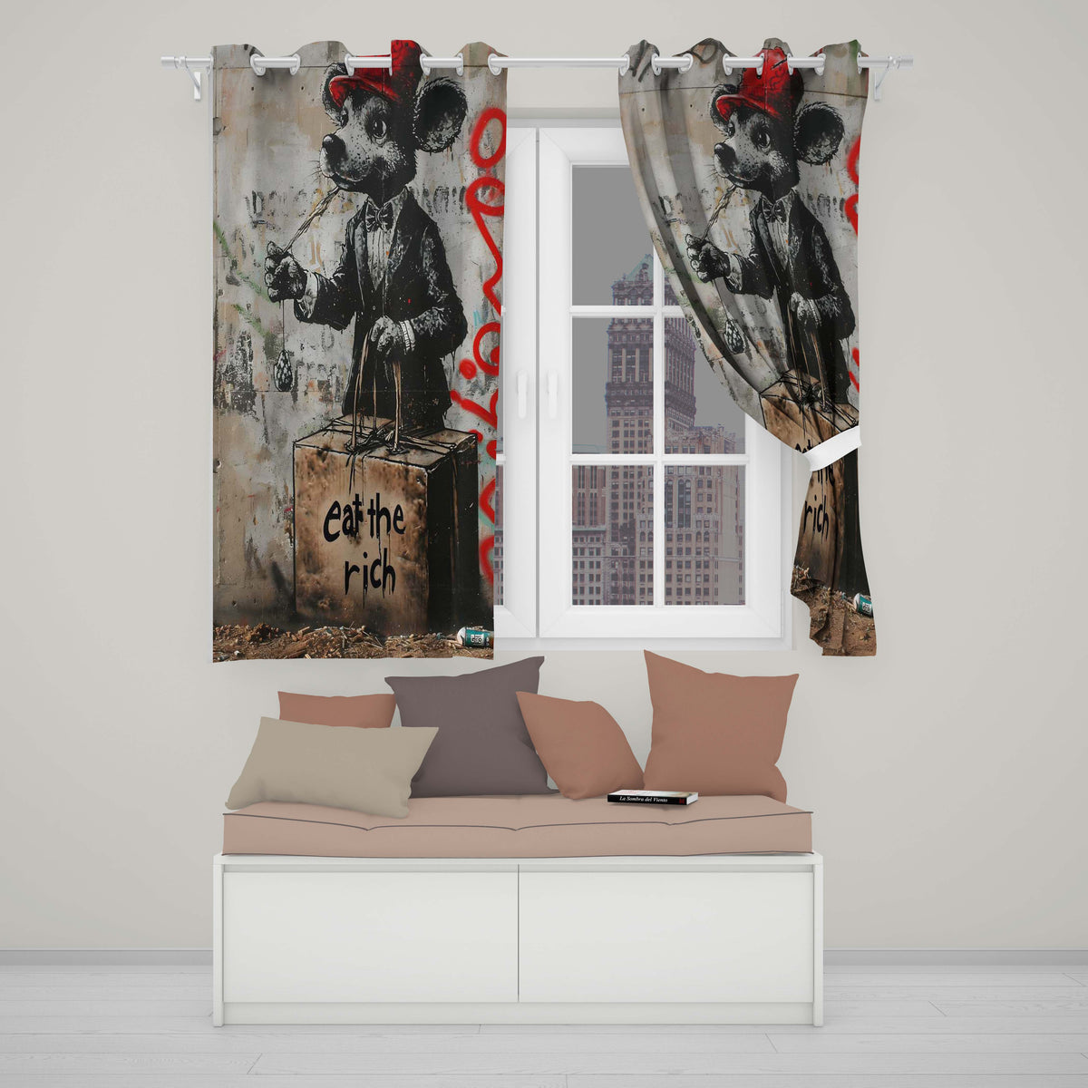 Dapper Cartoon Mouse Red Cap Satirical Street Art Distinctive Wall Art Home Decor Readymade Eyelet Ring Top Thermal 100% Blackout Curtains