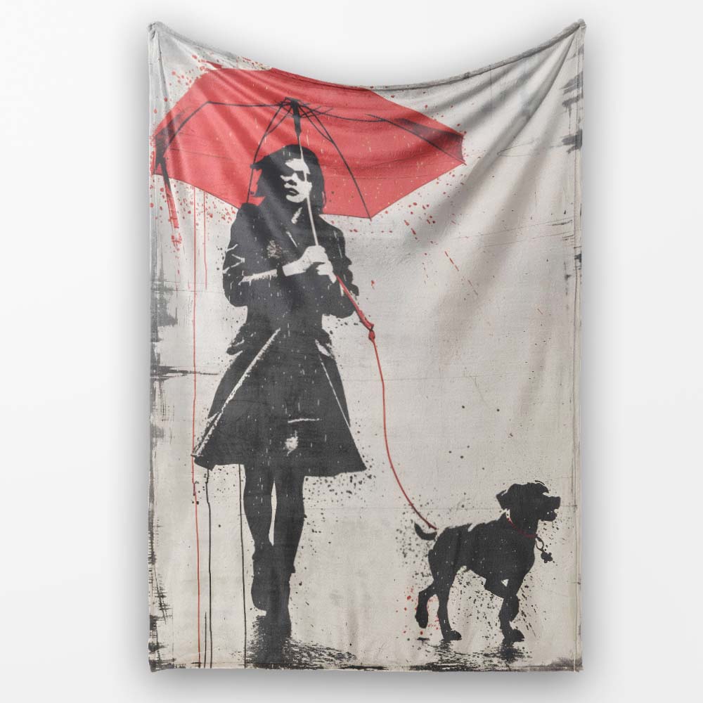 Woman Walking Dog Under Red Umbrella Street Art, Bedroom Living Room Accent, All Season Comfort - Super Soft Fleece Blanket Bed Sofa Throw