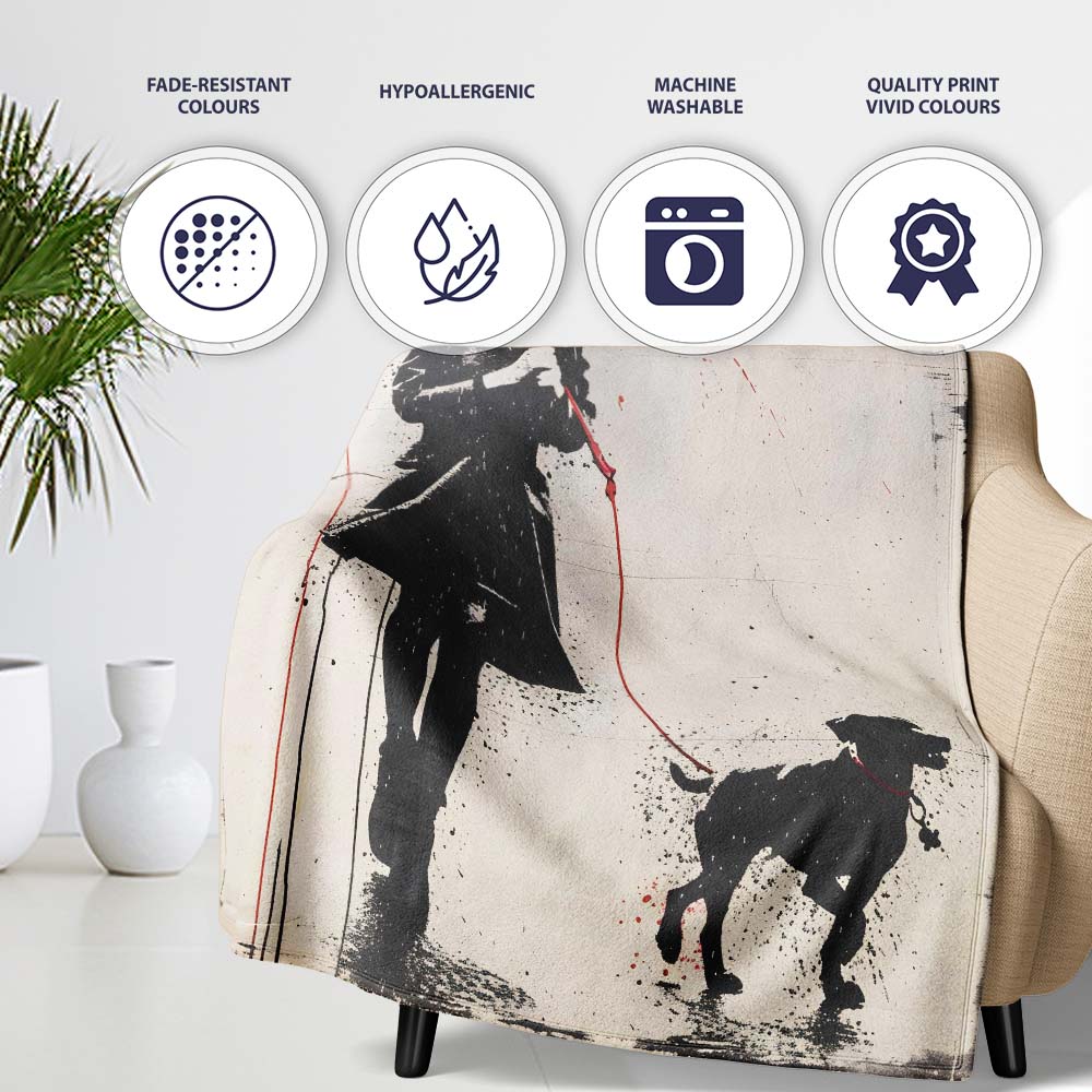 Woman Walking Dog Under Red Umbrella Street Art, Bedroom Living Room Accent, All Season Comfort - Super Soft Fleece Blanket Bed Sofa Throw