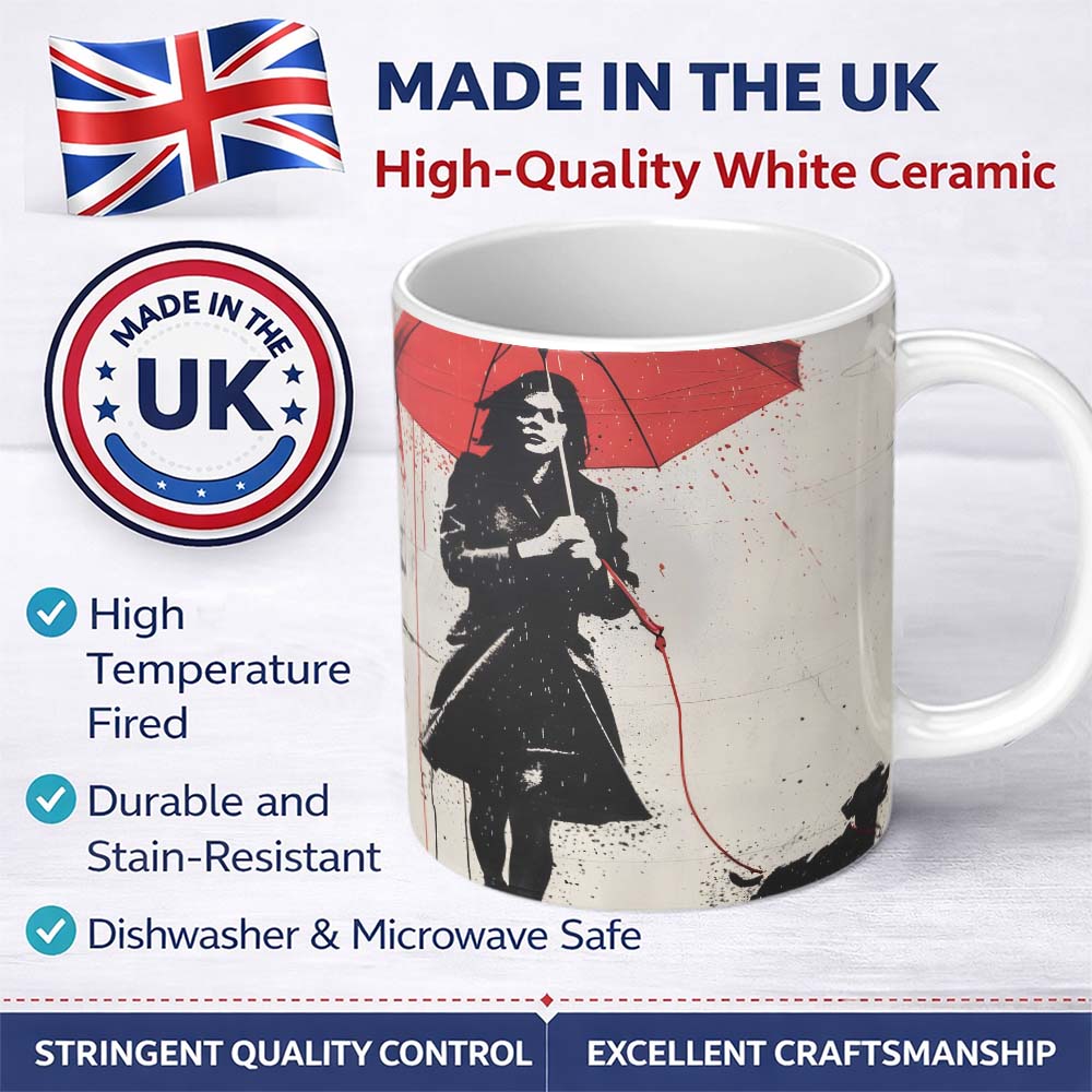 Woman Walking Dog Under Red Umbrella Street Art 11oz Ceramic Coffee Tea Mug White Large Handle