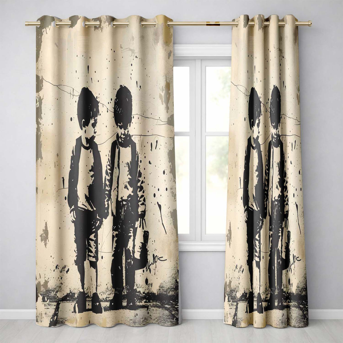 Two Young Friends Monochrome Stencil Street Art Distinctive Design for Home Decor Readymade Eyelet Ring Top Thermal 100% Blackout Curtains