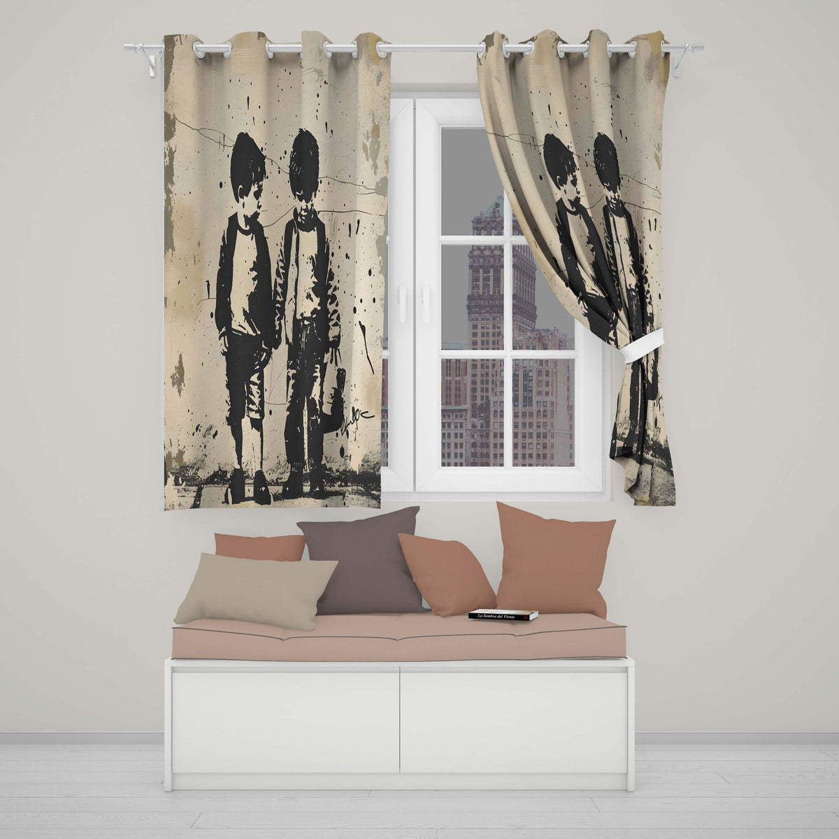 Two Young Friends Monochrome Stencil Street Art Distinctive Design for Home Decor Readymade Eyelet Ring Top Thermal 100% Blackout Curtains