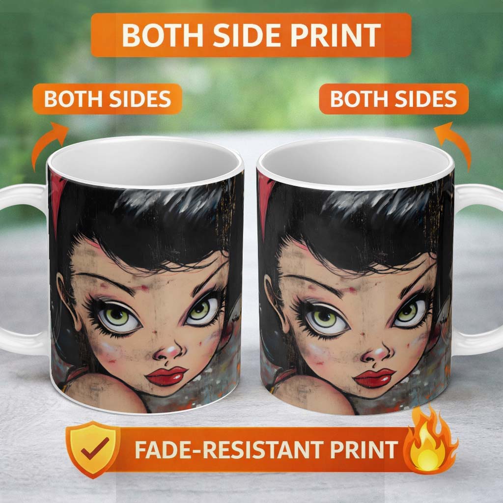 Big Eyed Cartoon Girl Red Bow Colourful Grunge Art 11oz Ceramic Coffee Tea Mug White Large Handle