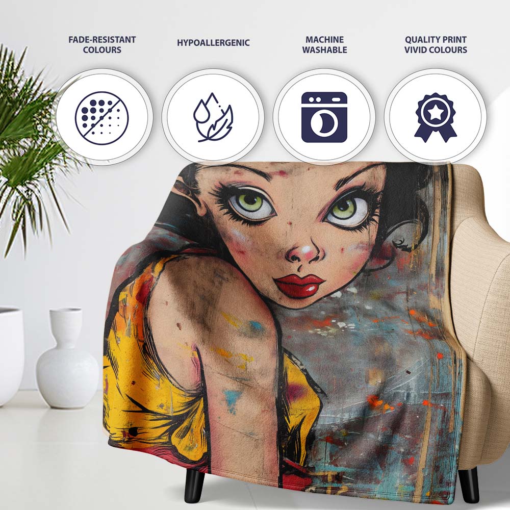 Big Eyed Cartoon Girl Red Bow Colourful Grunge Art, All Season Comfort, Stylish Room Decoration - Super Soft Fleece Blanket Bed Sofa Throw