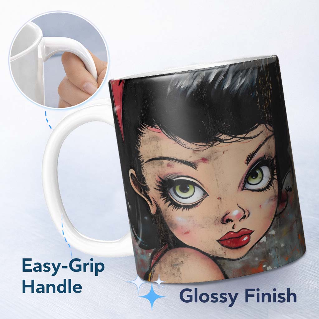 Big Eyed Cartoon Girl Red Bow Colourful Grunge Art 11oz Ceramic Coffee Tea Mug White Large Handle