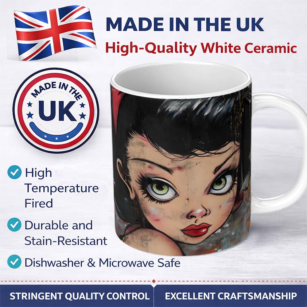 Big Eyed Cartoon Girl Red Bow Colourful Grunge Art 11oz Ceramic Coffee Tea Mug White Large Handle