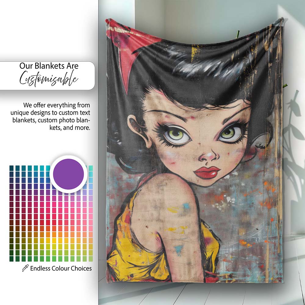 Big Eyed Cartoon Girl Red Bow Colourful Grunge Art, All Season Comfort, Stylish Room Decoration - Super Soft Fleece Blanket Bed Sofa Throw
