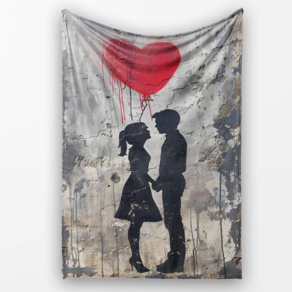 Romantic Silhouette Couple Red Heart Balloon Urban Graffiti, Artistic Comfortable Bedroom Decor - Super Soft Fleece Blanket Bed Sofa Throw
