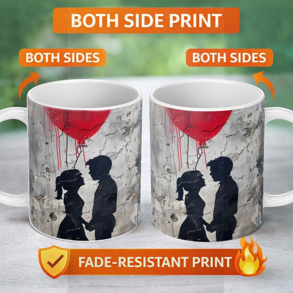 Romantic Silhouette Couple Red Heart Balloon Urban Graffiti 11oz Ceramic Coffee Tea Mug White Large Handle