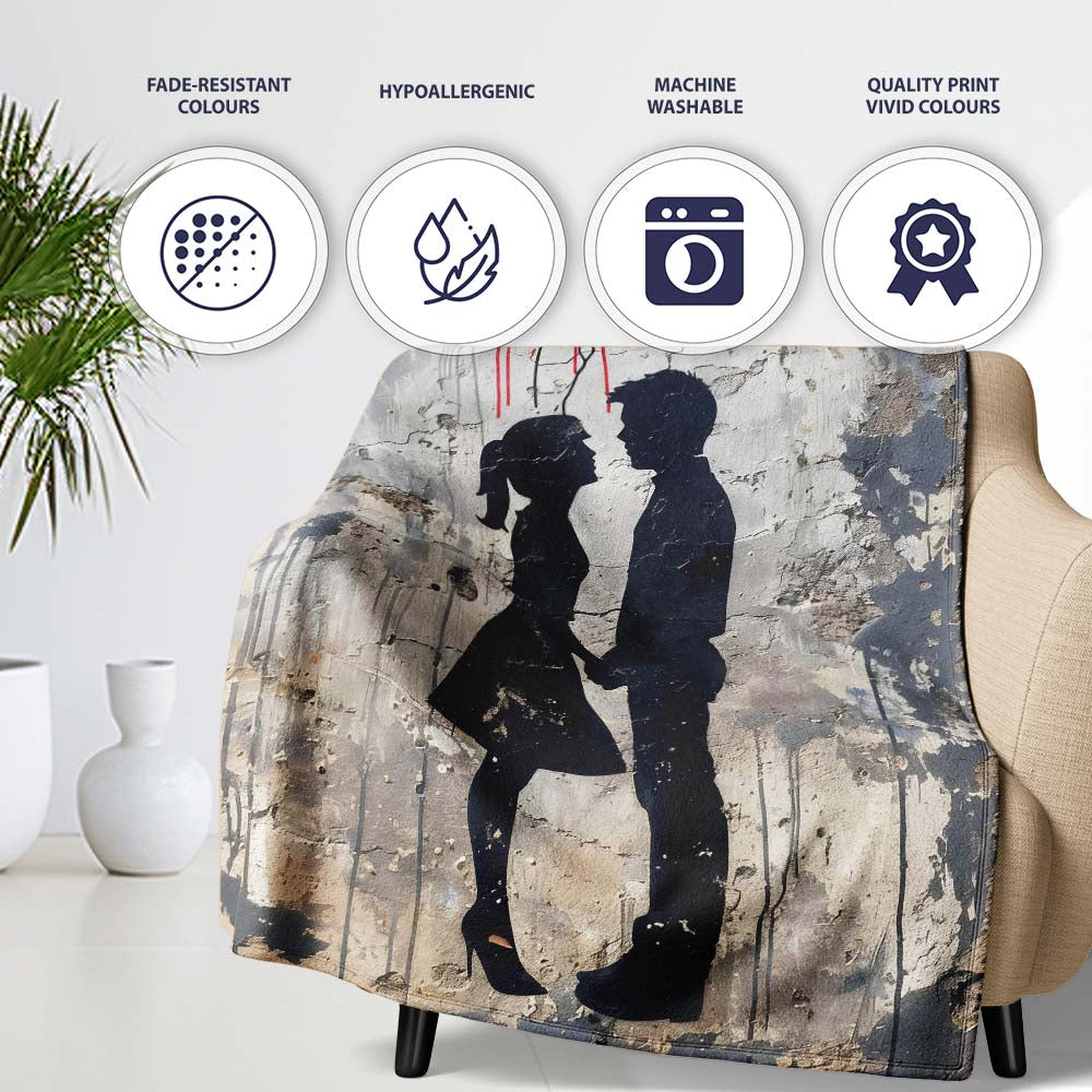 Romantic Silhouette Couple Red Heart Balloon Urban Graffiti, Artistic Comfortable Bedroom Decor - Super Soft Fleece Blanket Bed Sofa Throw
