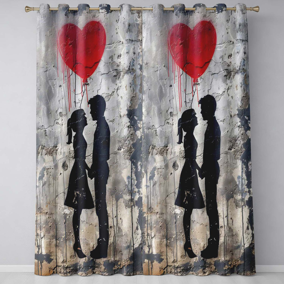 Romantic Silhouette Couple Red Heart Balloon Urban Graffiti Decorative Home Decor Readymade Eyelet Ring Top Thermal 100% Blackout Curtains
