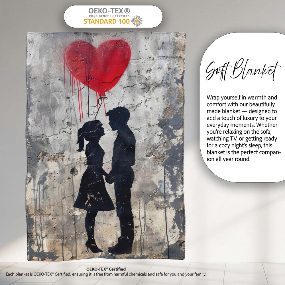 Romantic Silhouette Couple Red Heart Balloon Urban Graffiti, Artistic Comfortable Bedroom Decor - Super Soft Fleece Blanket Bed Sofa Throw