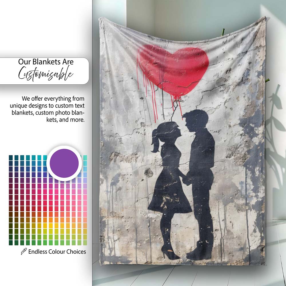 Romantic Silhouette Couple Red Heart Balloon Urban Graffiti, Artistic Comfortable Bedroom Decor - Super Soft Fleece Blanket Bed Sofa Throw