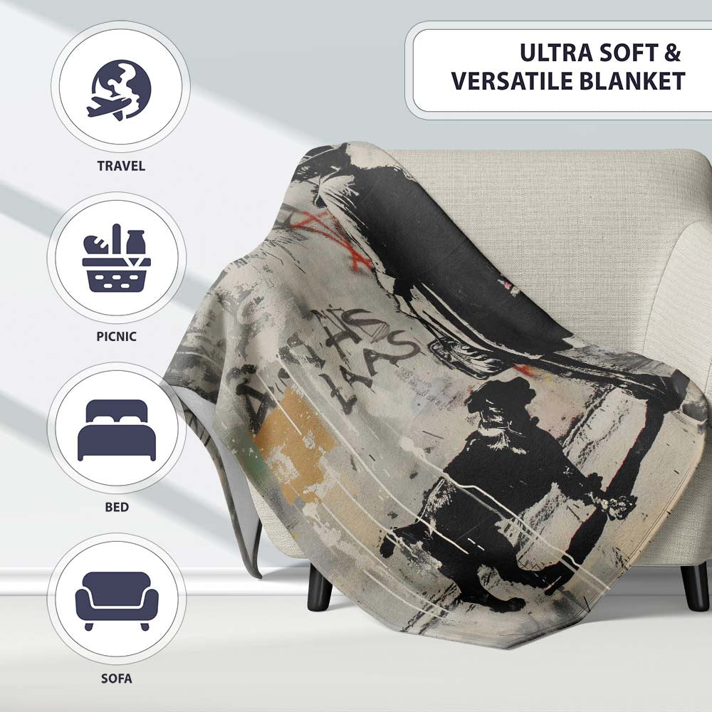 Woman Walking Dog Neutral Grey Graffiti Street Scene, Lightweight Comfortable Decorative Accent - Super Soft Fleece Blanket Bed Sofa Throw