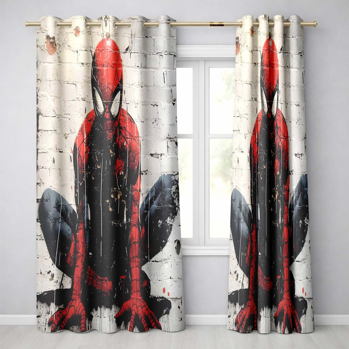 Red Masked Superhero Crouching Urban Graffiti Bold Stylish Artwork for Home Decor Readymade Eyelet Ring Top Thermal 100% Blackout Curtains