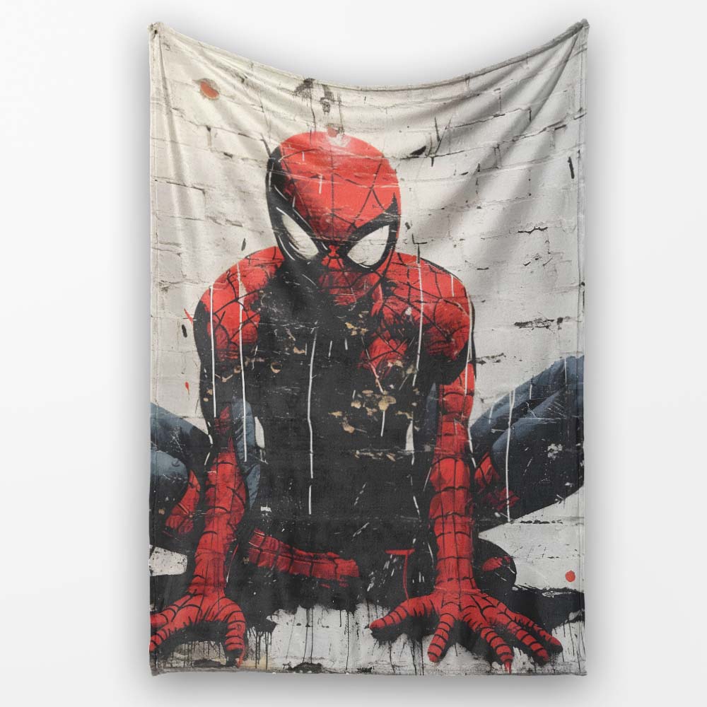 Red Masked Superhero Crouching Urban Graffiti, All Season Comfort, Thoughtful Housewarming Gift - Super Soft Fleece Blanket Bed Sofa Throw