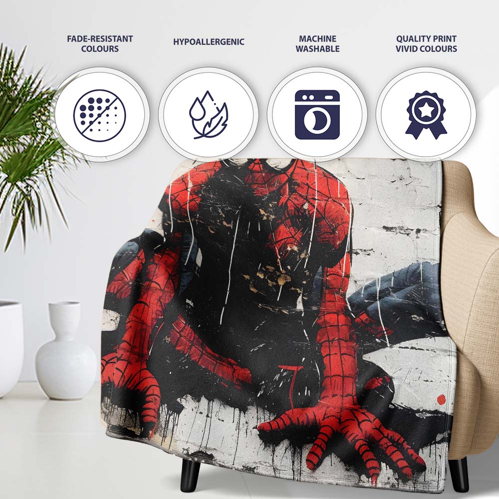 Red Masked Superhero Crouching Urban Graffiti, All Season Comfort, Thoughtful Housewarming Gift - Super Soft Fleece Blanket Bed Sofa Throw