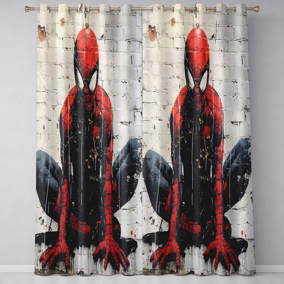 Red Masked Superhero Crouching Urban Graffiti Bold Stylish Artwork for Home Decor Readymade Eyelet Ring Top Thermal 100% Blackout Curtains