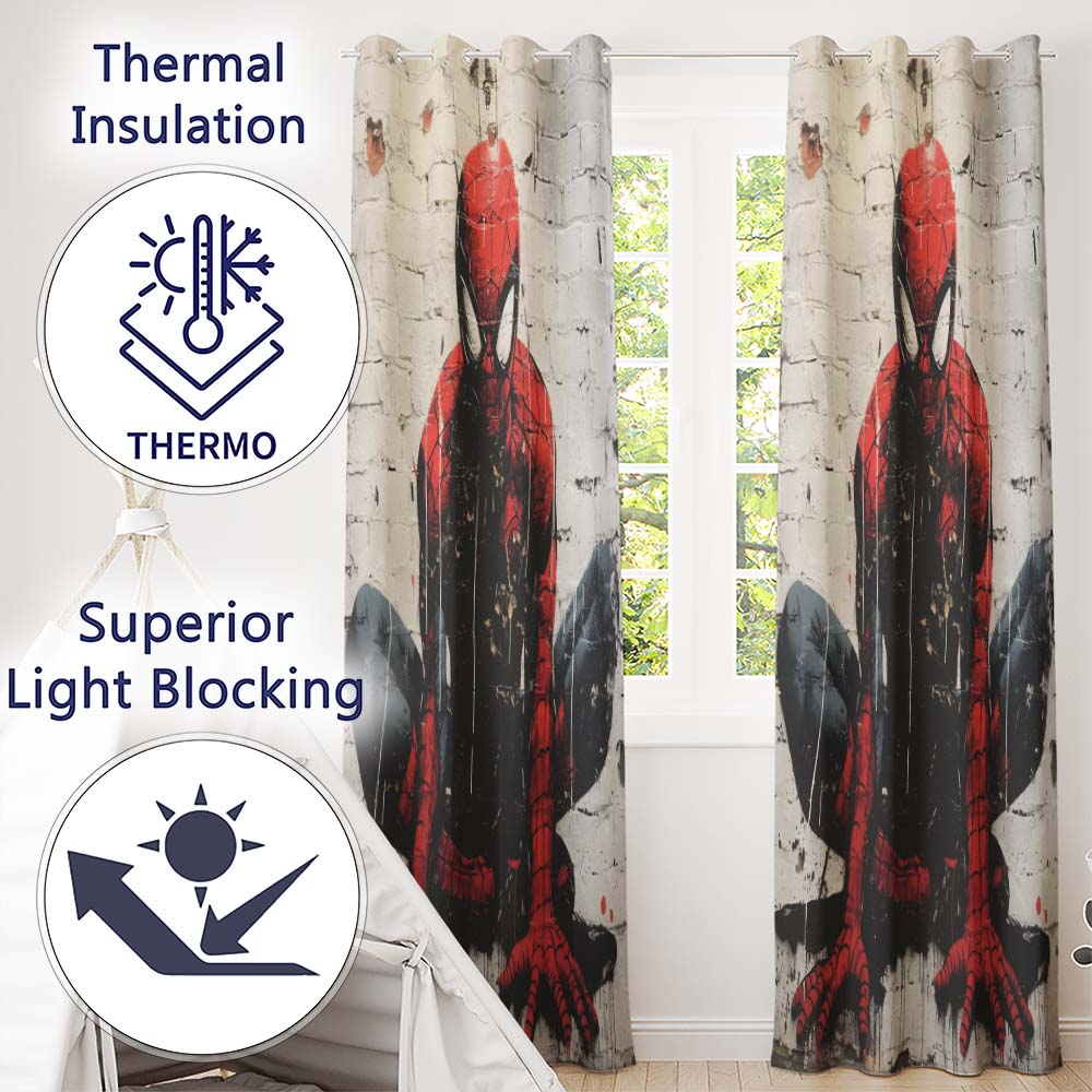 Red Masked Superhero Crouching Urban Graffiti Bold Stylish Artwork for Home Decor Readymade Eyelet Ring Top Thermal 100% Blackout Curtains