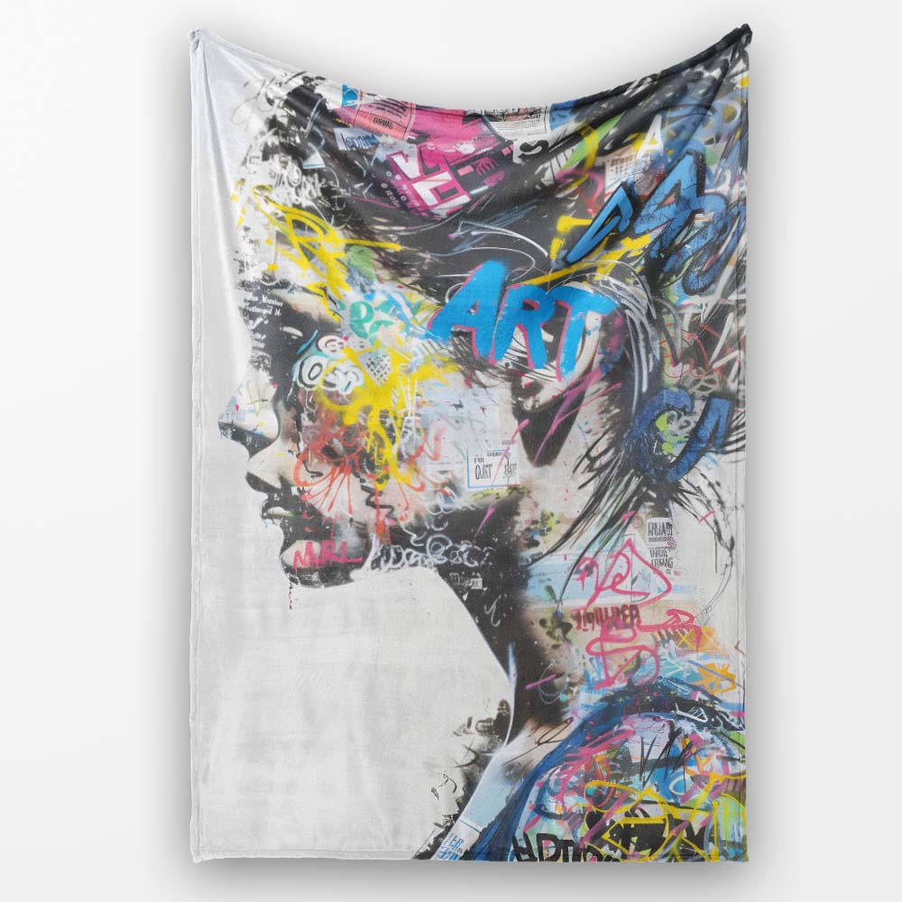 Colourful Graffiti Woman Profile Abstract Collage, All Season Comfort, Comfortable Everyday Use - Super Soft Fleece Blanket Bed Sofa Throw