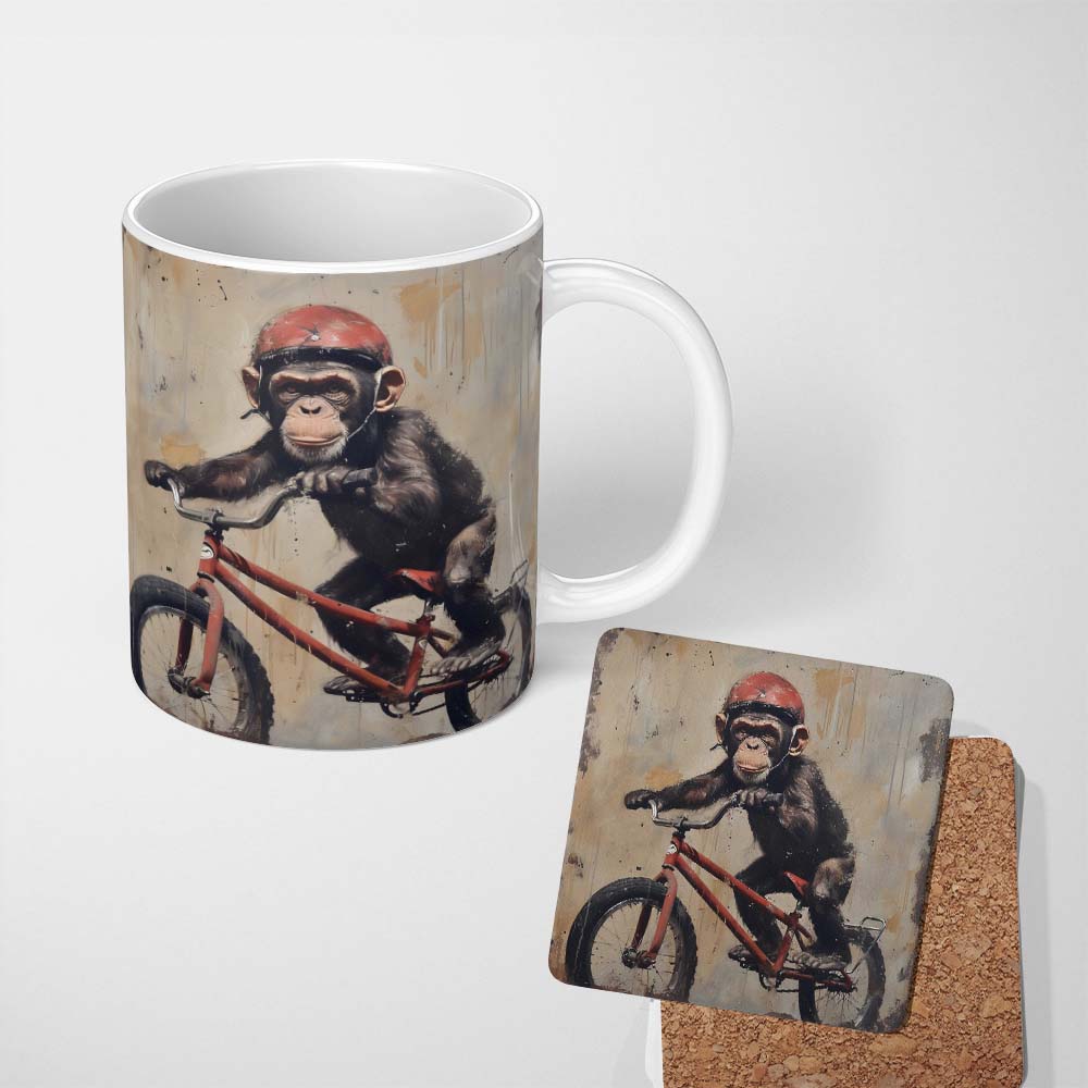 Chimpanzee Riding Red Bicycle Vintage Grunge Art 11oz Ceramic Coffee Tea Mug White Large Handle