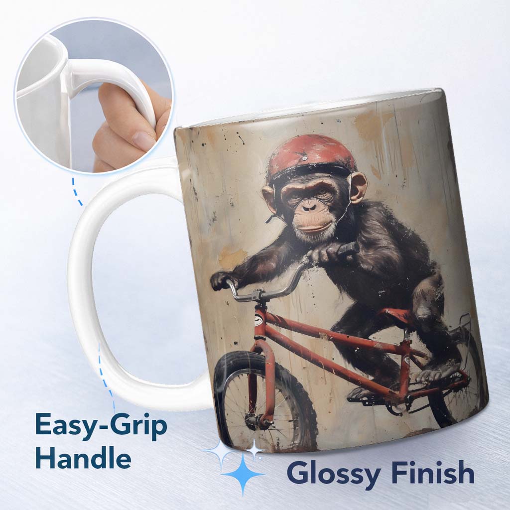 Chimpanzee Riding Red Bicycle Vintage Grunge Art 11oz Ceramic Coffee Tea Mug White Large Handle
