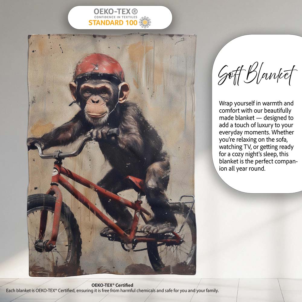 Chimpanzee Riding Red Bicycle Vintage Grunge Art, All Season Comfort, Gift for Adults and Teens - Super Soft Fleece Blanket Bed Sofa Throw