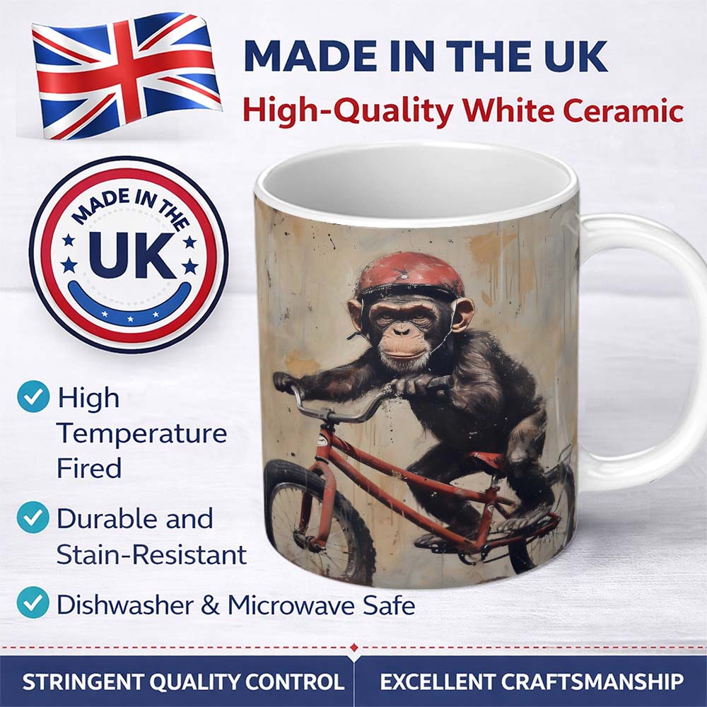 Chimpanzee Riding Red Bicycle Vintage Grunge Art 11oz Ceramic Coffee Tea Mug White Large Handle