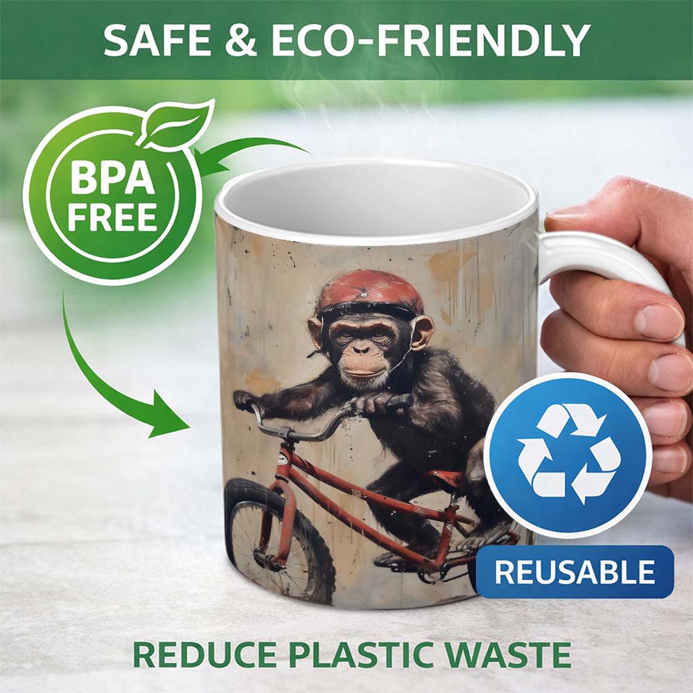 Chimpanzee Riding Red Bicycle Vintage Grunge Art 11oz Ceramic Coffee Tea Mug White Large Handle