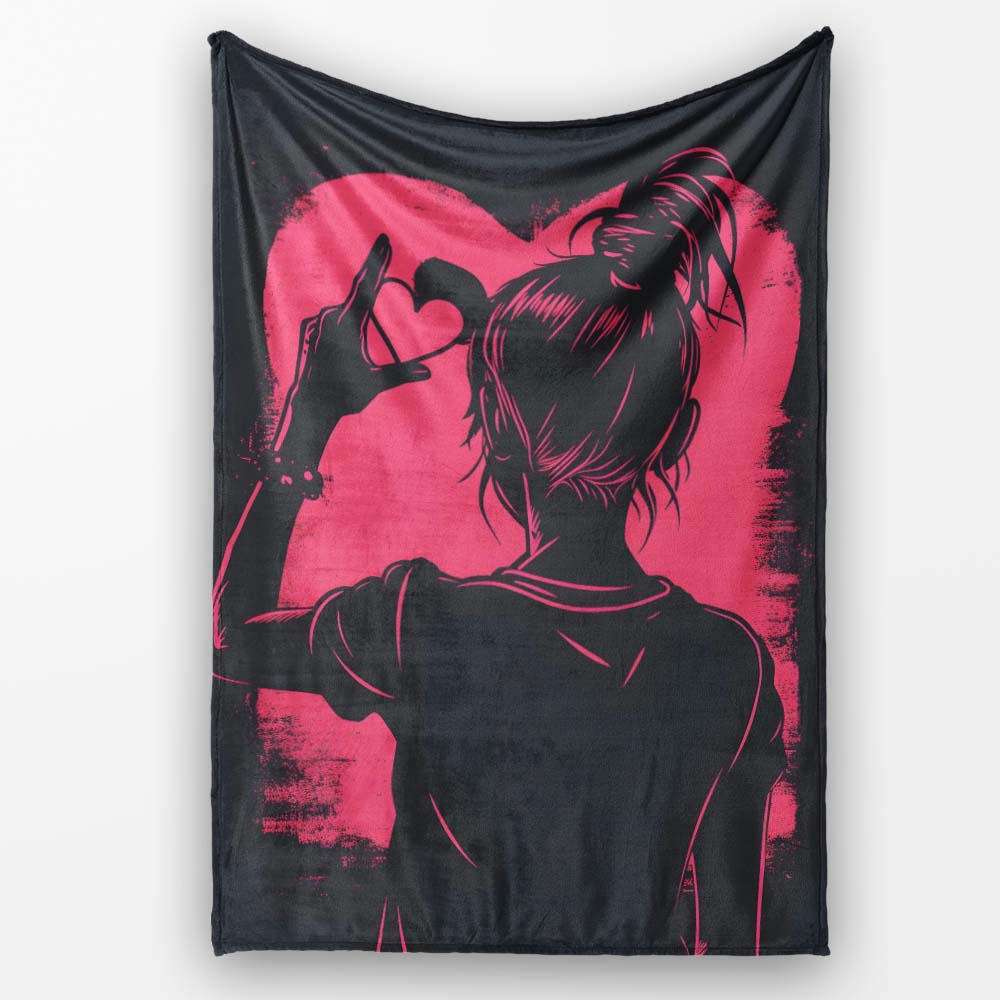 Pink Heart Hand Gesture Woman Silhouette Pop Art, All Season Comfort, Gift for Adults and Teens - Super Soft Fleece Blanket Bed Sofa Throw