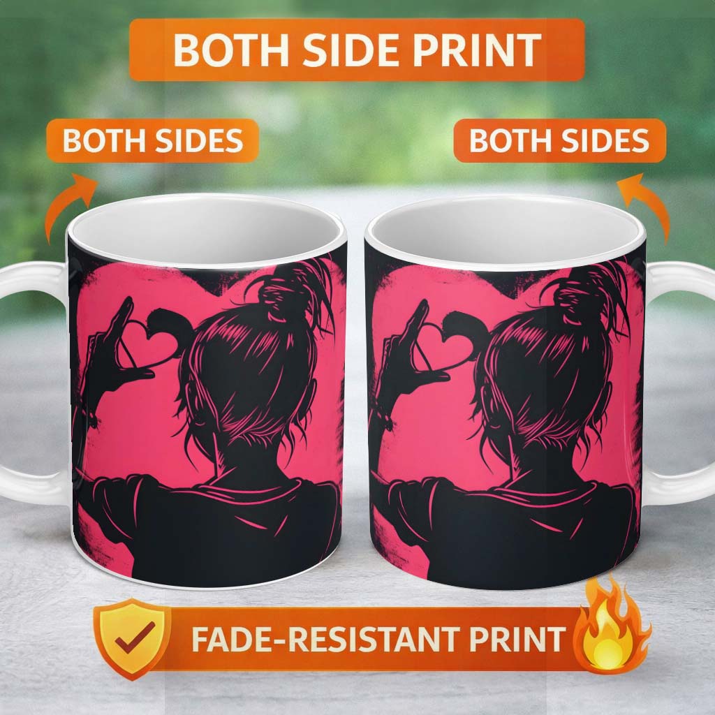 Pink Heart Hand Gesture Woman Silhouette Pop Art 11oz Ceramic Coffee Tea Mug White Large Handle