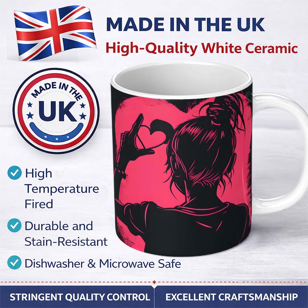 Pink Heart Hand Gesture Woman Silhouette Pop Art 11oz Ceramic Coffee Tea Mug White Large Handle