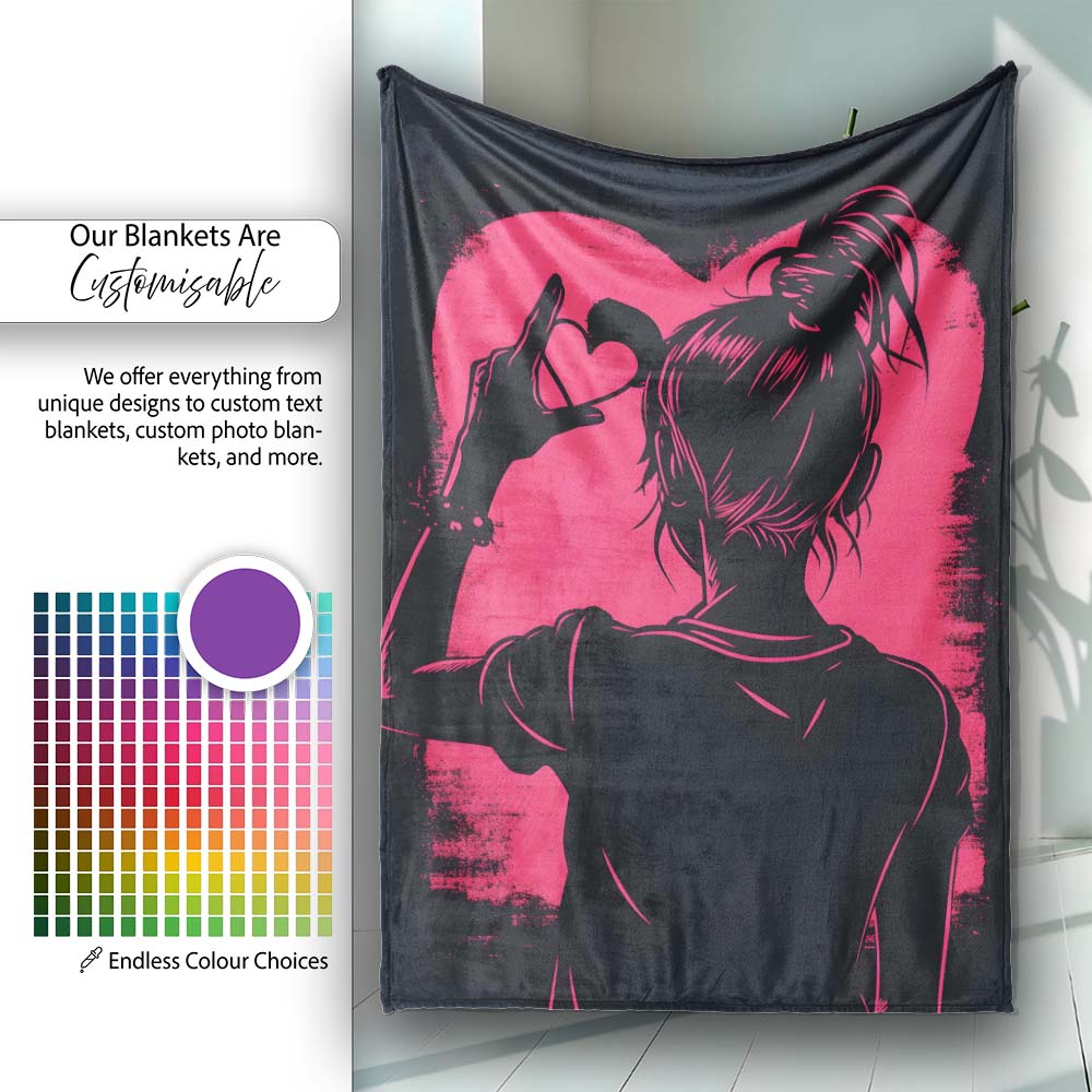 Pink Heart Hand Gesture Woman Silhouette Pop Art, All Season Comfort, Gift for Adults and Teens - Super Soft Fleece Blanket Bed Sofa Throw