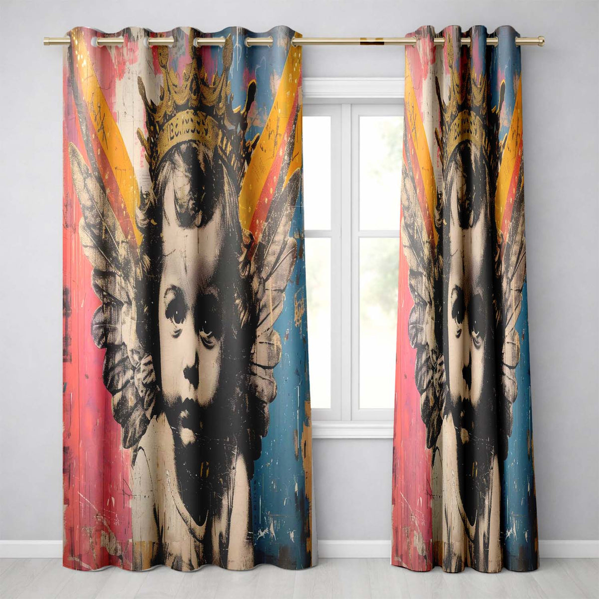 Crowned Angel Child Colourful Urban Collage Portrait Creative Artistic Home Decor Readymade Eyelet Ring Top Thermal 100% Blackout Curtains