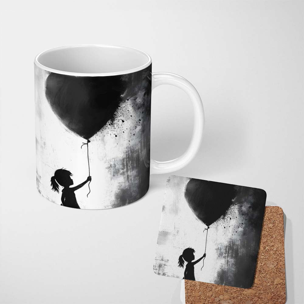 Girl Holding Black Heart Balloon Dark Monochrome Art 11oz Ceramic Coffee Tea Mug White Large Handle