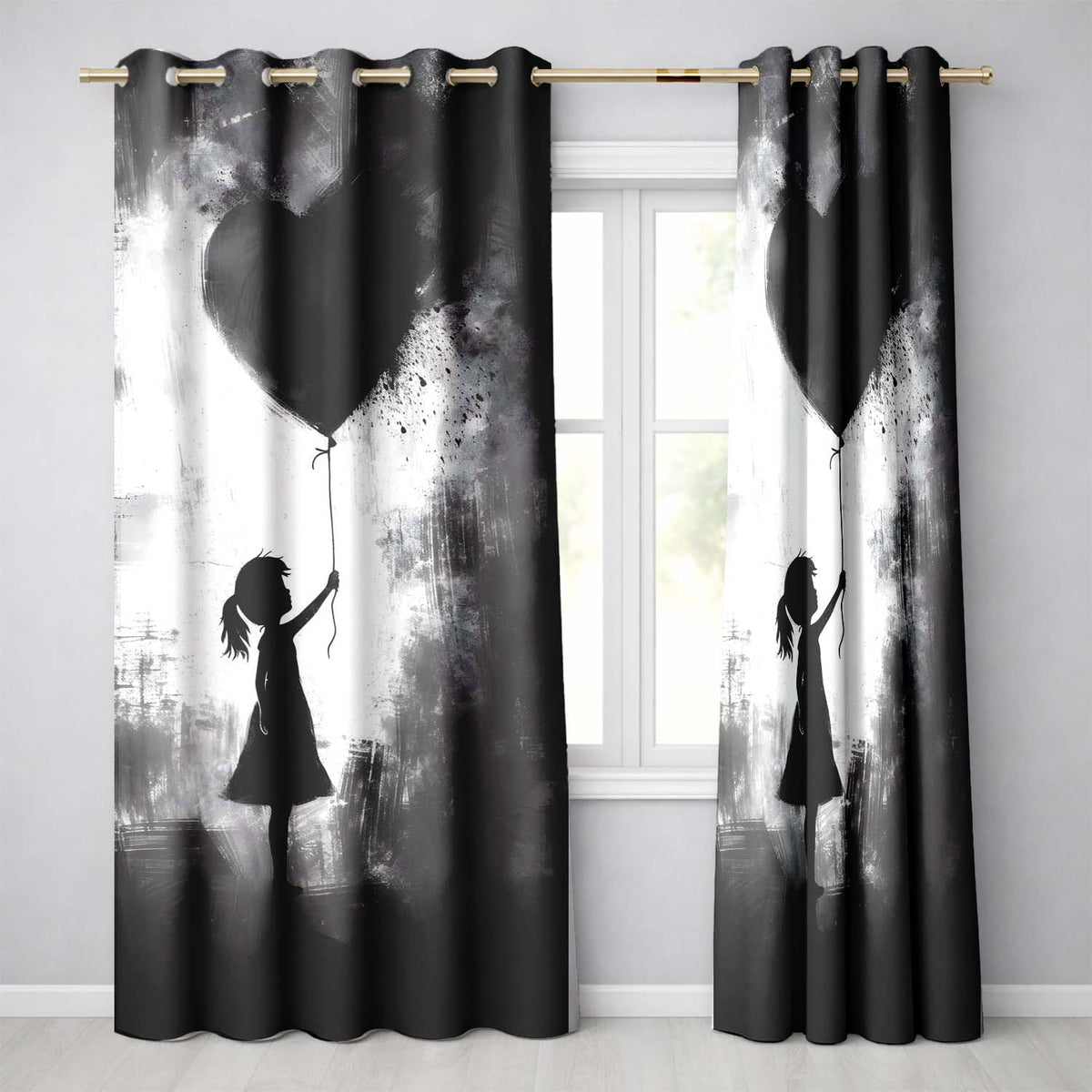 Girl Holding Black Heart Balloon Dark Monochrome Art Timeless Artistic Home Decor Readymade Eyelet Ring Top Thermal 100% Blackout Curtains