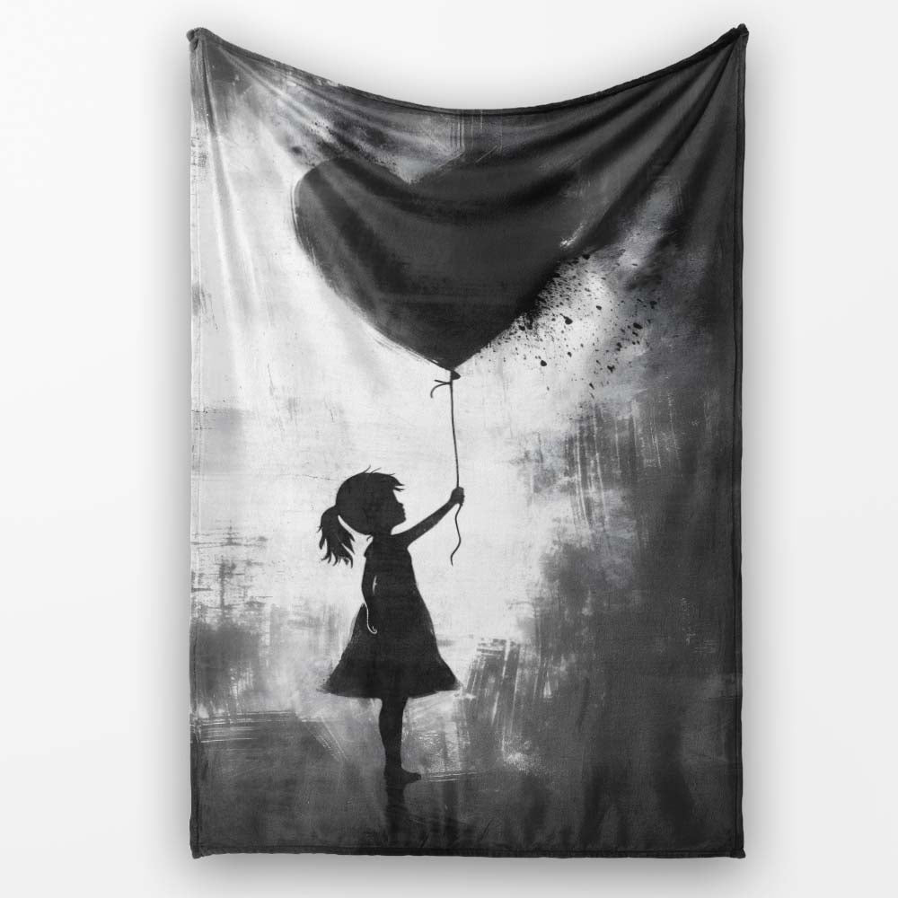 Girl Holding Black Heart Balloon Dark Monochrome Art, Lightweight Comfortable Decorative Accent - Super Soft Fleece Blanket Bed Sofa Throw