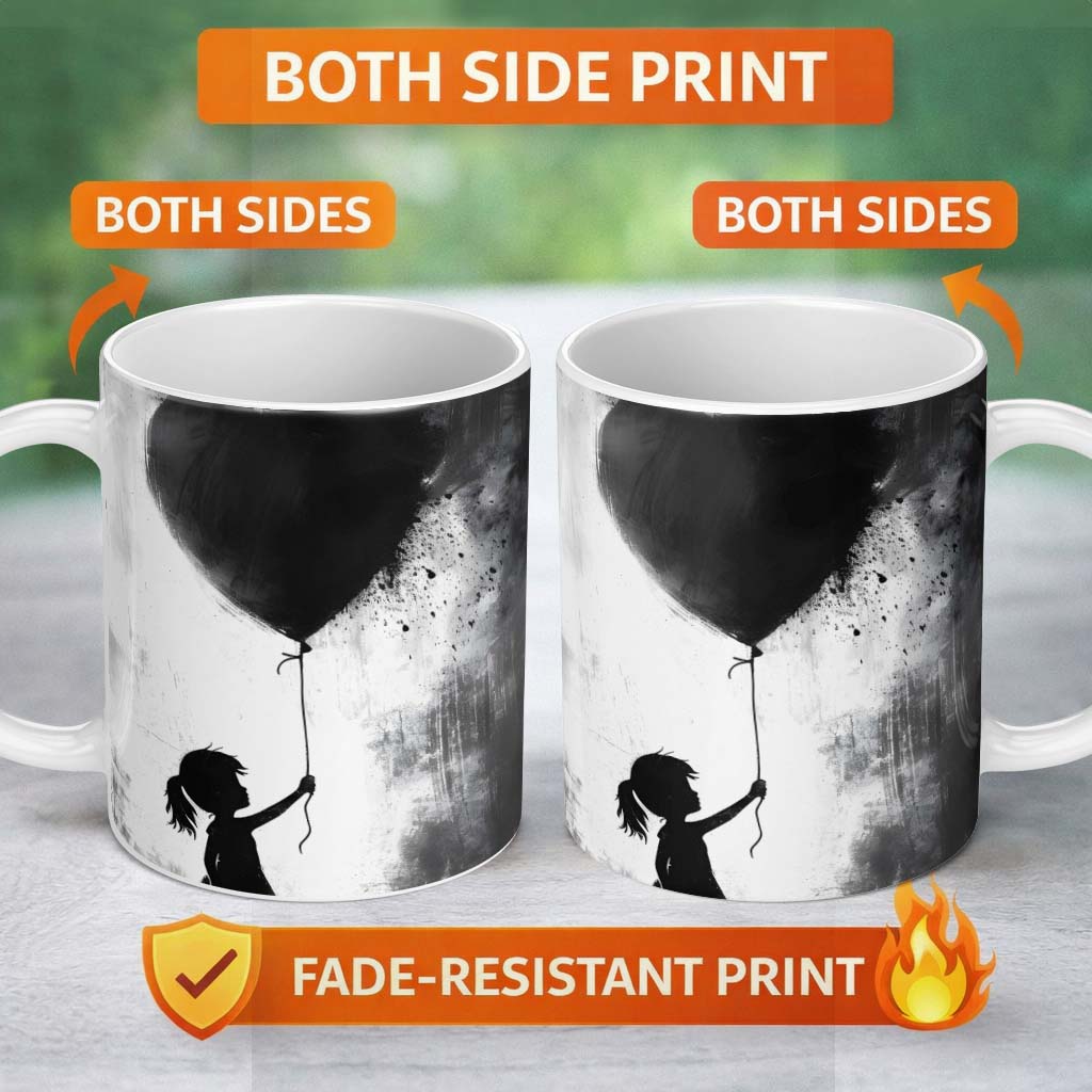 Girl Holding Black Heart Balloon Dark Monochrome Art 11oz Ceramic Coffee Tea Mug White Large Handle