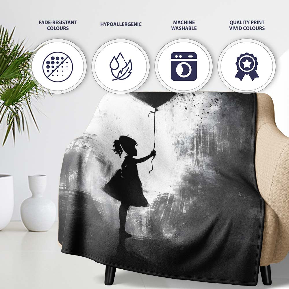 Girl Holding Black Heart Balloon Dark Monochrome Art, Lightweight Comfortable Decorative Accent - Super Soft Fleece Blanket Bed Sofa Throw