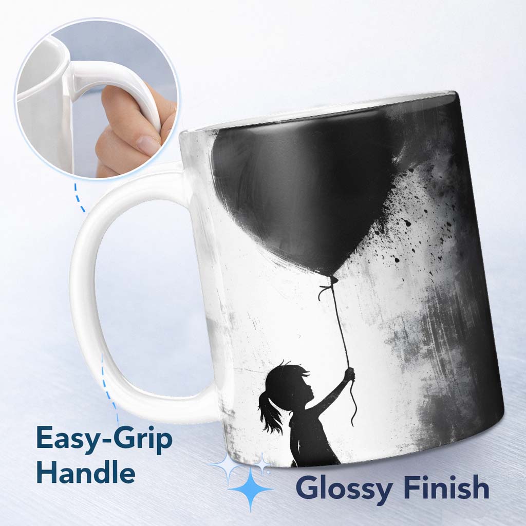 Girl Holding Black Heart Balloon Dark Monochrome Art 11oz Ceramic Coffee Tea Mug White Large Handle